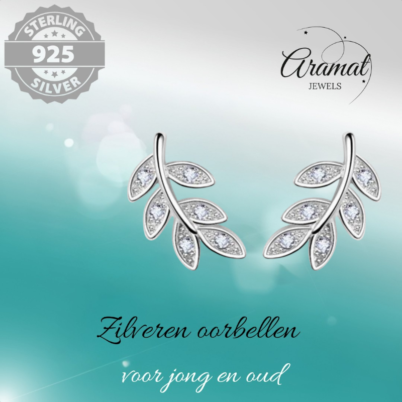 Boucles d'oreilles feuille d'argent avec zirconias – 9 x 6 mm