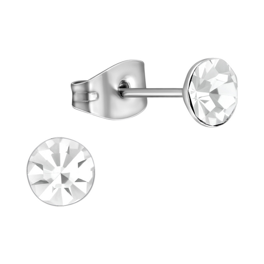 Boucles d'oreilles en acier et cristal avec pierre transparente – Couleur argent – ​​5 mm