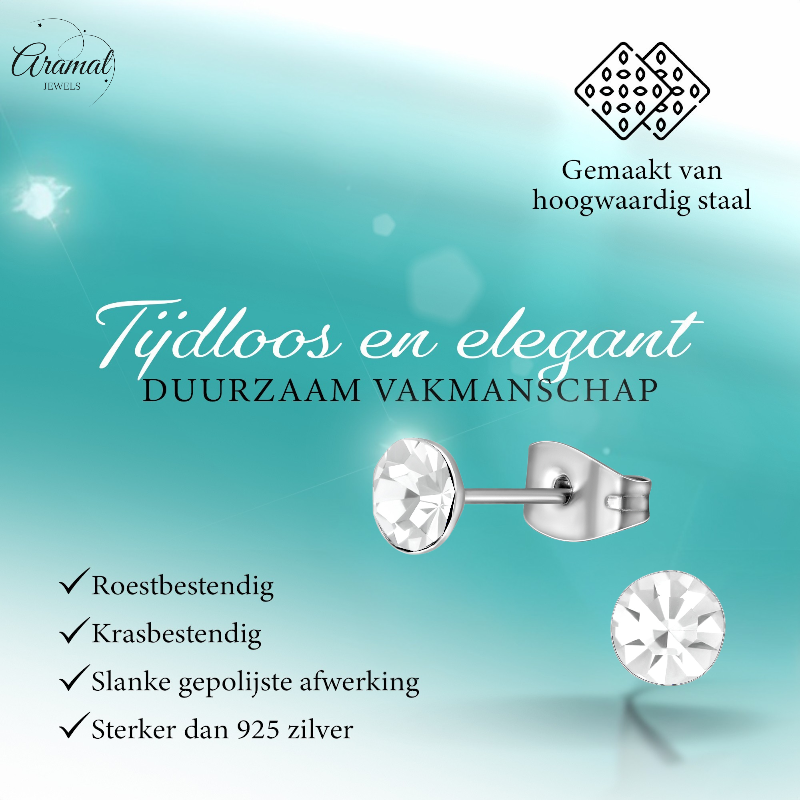 Boucles d'oreilles en acier et cristal avec pierre transparente – Couleur argent – ​​5 mm