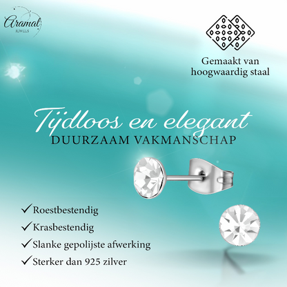 Boucles d'oreilles en acier et cristal avec pierre transparente – Couleur argent – ​​5 mm