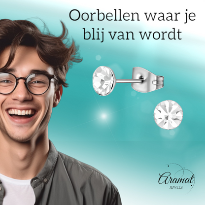 Boucles d'oreilles en acier et cristal avec pierre transparente – Couleur argent – ​​5 mm