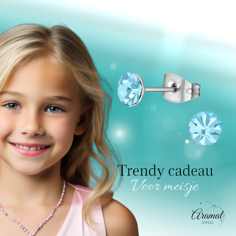 Boucles d'oreilles en acier et cristal avec pierre bleu clair – Couleur argent – ​​5 mm