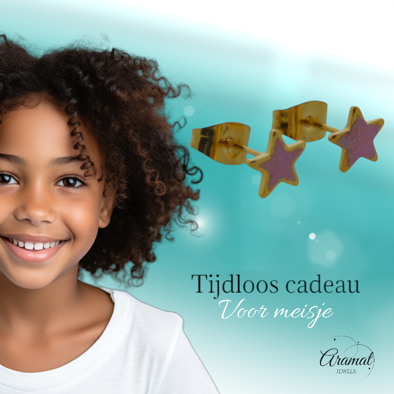 Ster Oorbellen - goudkleur - 6mm - Roze Emaille