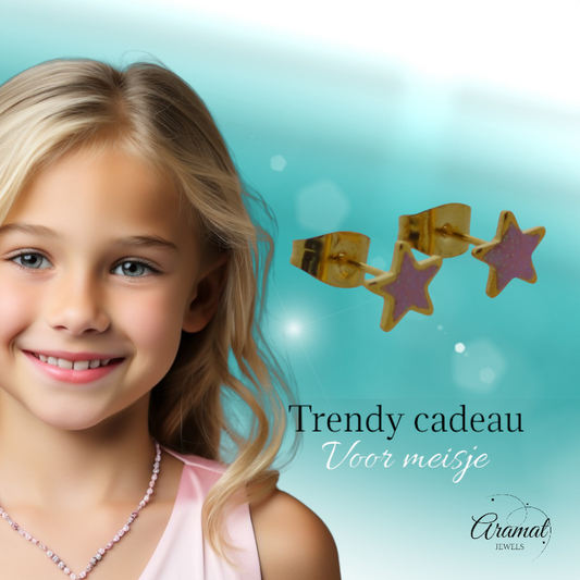 Boucles d'oreilles étoile - Couleur or - 6 mm - Émail rose 