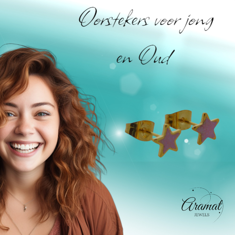 Ster Oorbellen - goudkleur - 6mm - Roze Emaille