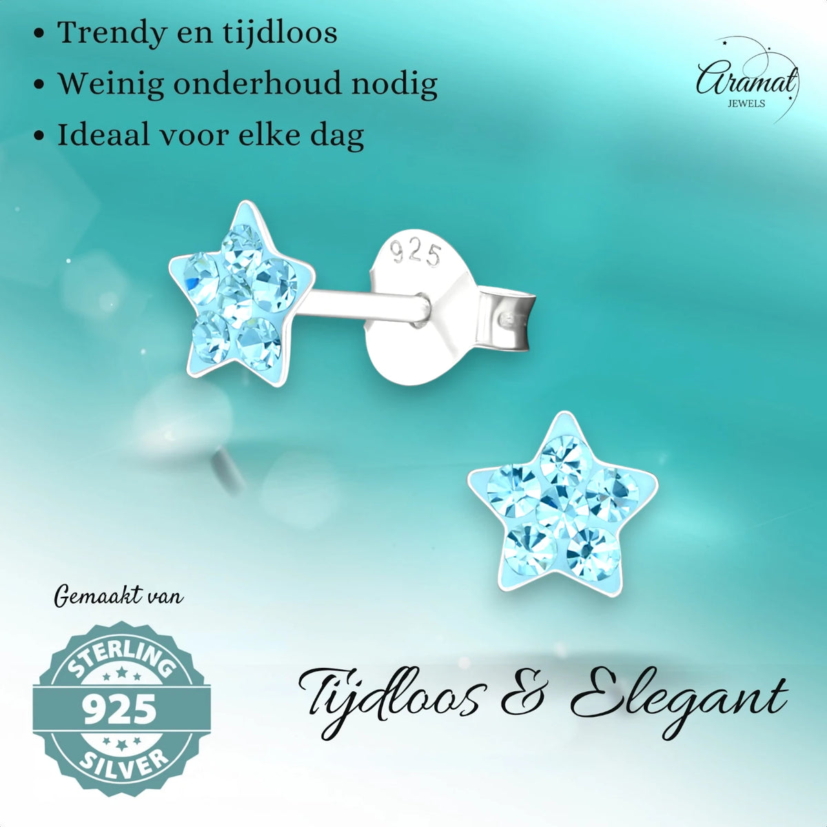 925 Sterling Zilveren Sterretjes Oorknopjes met Blauw Kristal 5mm