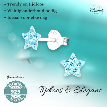 925 Sterling Zilveren Sterretjes Oorknopjes met Blauw Kristal 5mm