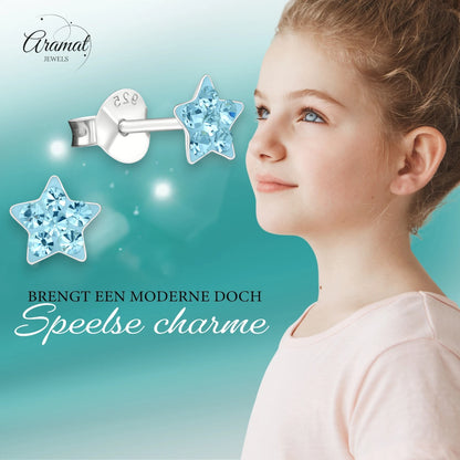 925 Sterling Zilveren Sterretjes Oorknopjes met Blauw Kristal 5mm