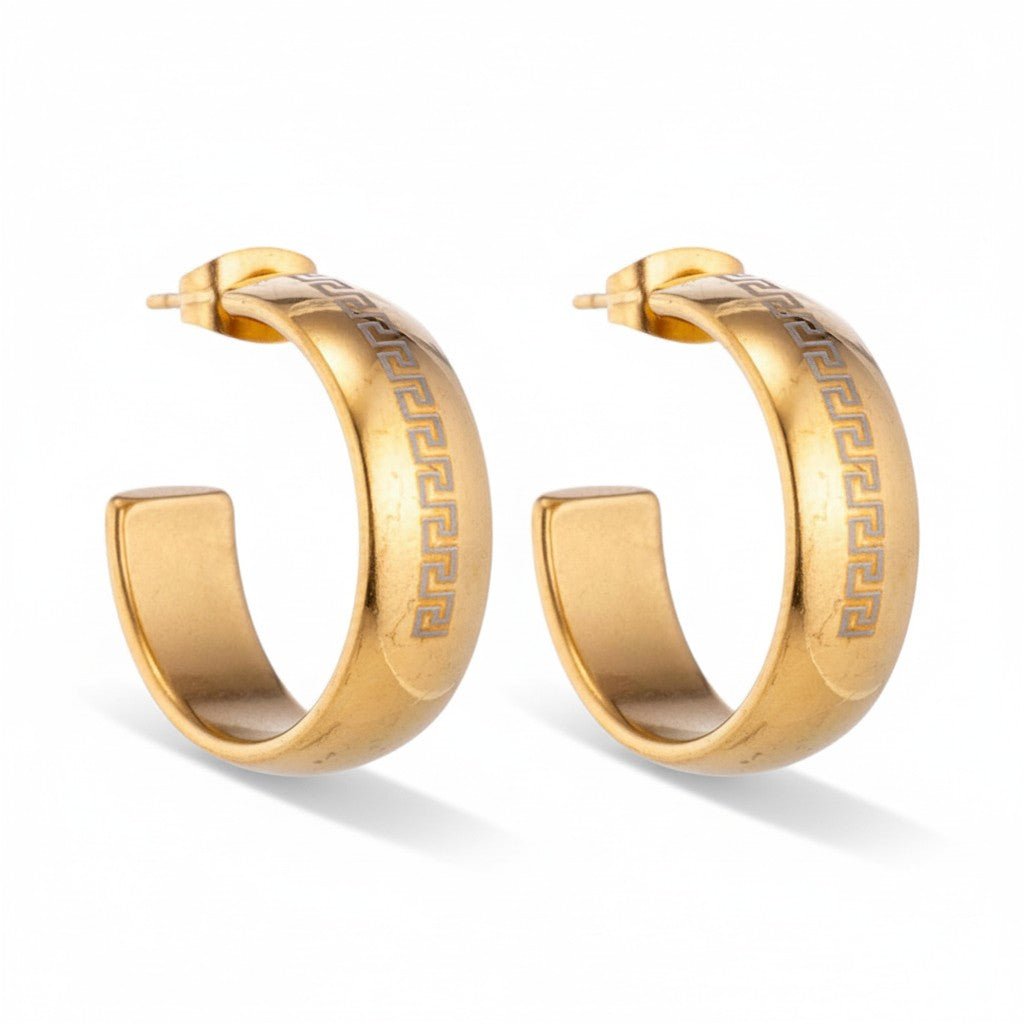Oorbellen – 22mm Half - Hoop Grieks Motief RVS Goudkleur Dame - Aramat Jewels - Oorringen - cadeautip