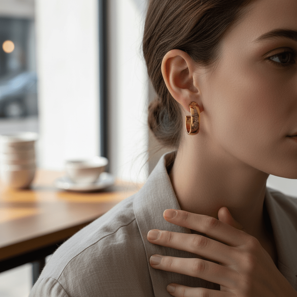 Oorbellen – 22mm Half - Hoop Grieks Motief RVS Goudkleur Dame - Aramat Jewels - Oorringen - cadeautip