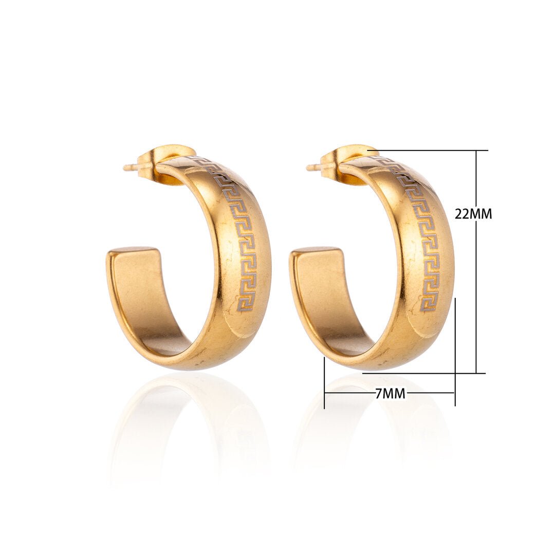 Oorbellen – 22mm Half - Hoop Grieks Motief RVS Goudkleur Dame - Aramat Jewels - Oorringen - cadeautip