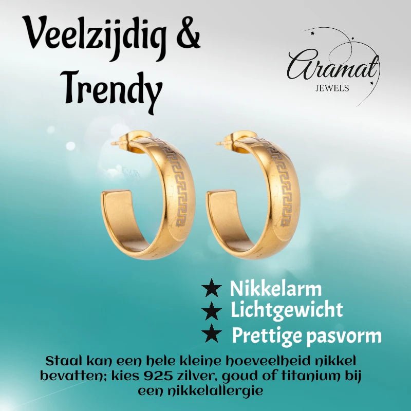 Oorbellen – 22mm Half - Hoop Grieks Motief RVS Goudkleur Dame - Aramat Jewels - Oorringen - cadeautip