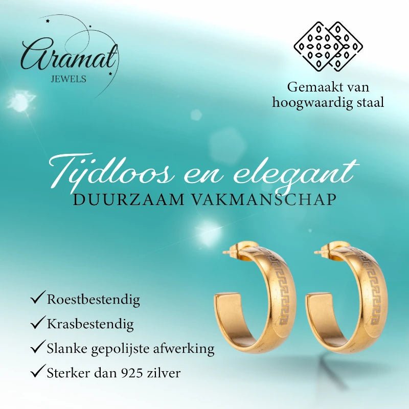 Oorbellen – 22mm Half - Hoop Grieks Motief RVS Goudkleur Dame - Aramat Jewels - Oorringen - cadeautip