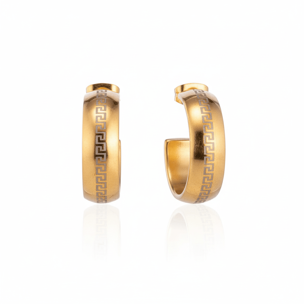 Oorbellen – 22mm Half - Hoop Grieks Motief RVS Goudkleur Dame - Aramat Jewels - Oorringen - cadeautip