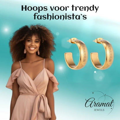 Oorbellen – 22mm Half - Hoop Grieks Motief RVS Goudkleur Dame - Aramat Jewels - Oorringen - cadeautip