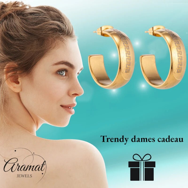 Oorbellen – 22mm Half - Hoop Grieks Motief RVS Goudkleur Dame - Aramat Jewels - Oorringen - cadeautip