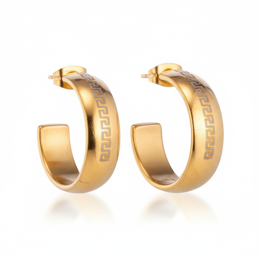 Oorbellen – 22mm Half - Hoop Grieks Motief RVS Goudkleur Dame - Aramat Jewels - Oorringen - cadeautip