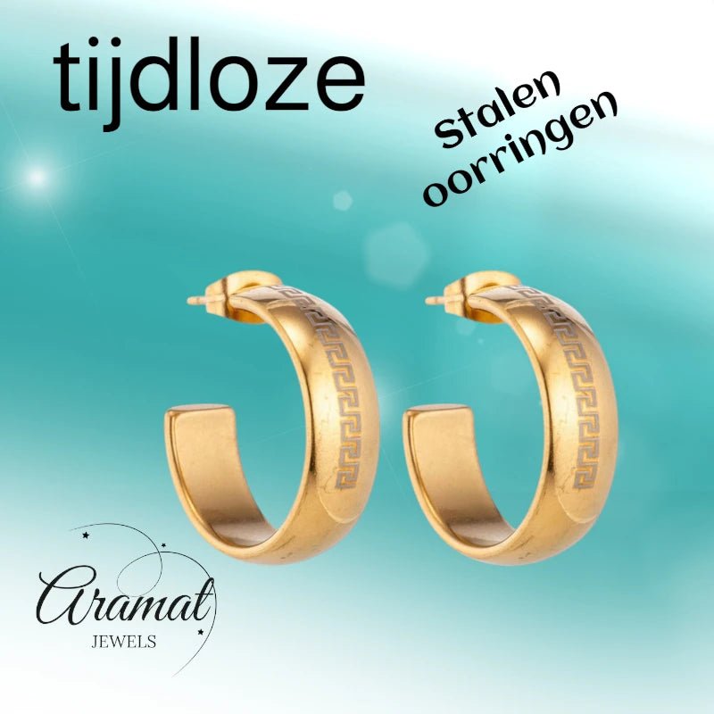 Oorbellen – 22mm Half - Hoop Grieks Motief RVS Goudkleur Dame - Aramat Jewels - Oorringen - cadeautip