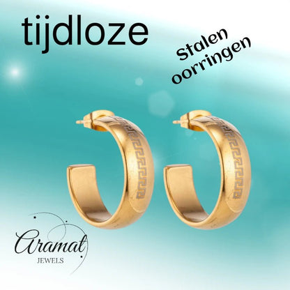 Oorbellen – 22mm Half - Hoop Grieks Motief RVS Goudkleur Dame - Aramat Jewels - Oorringen - cadeautip