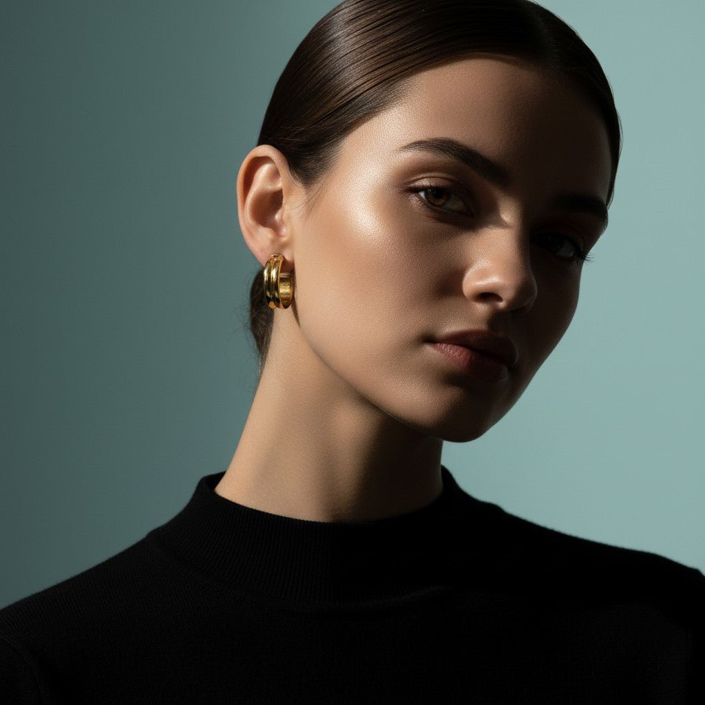 Oorbellen – 23mm Half - Hoop 2 Strepen RVS Goudkleur Dames - Aramat Jewels - Oorringen - cadeautip