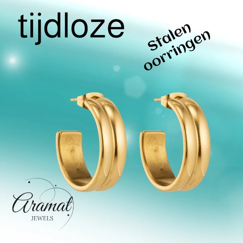 Oorbellen – 23mm Half - Hoop 2 Strepen RVS Goudkleur Dames - Aramat Jewels - Oorringen - cadeautip