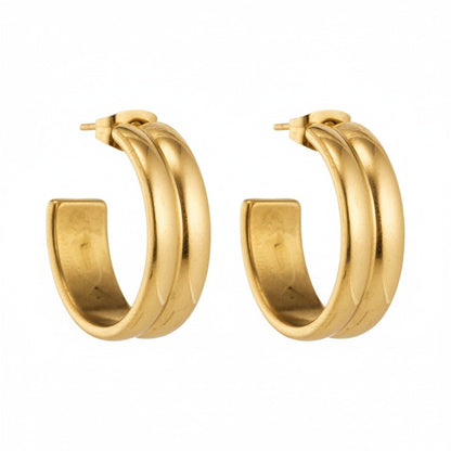 Oorbellen – 23mm Half - Hoop 2 Strepen RVS Goudkleur Dames - Aramat Jewels - Oorringen - cadeautip