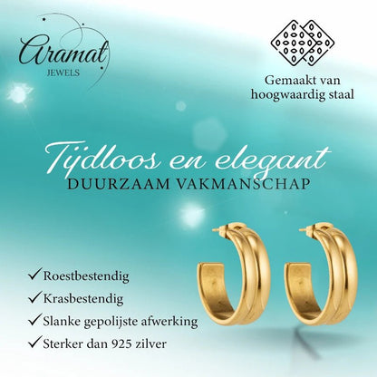 Oorbellen – 23mm Half - Hoop 2 Strepen RVS Goudkleur Dames - Aramat Jewels - Oorringen - cadeautip