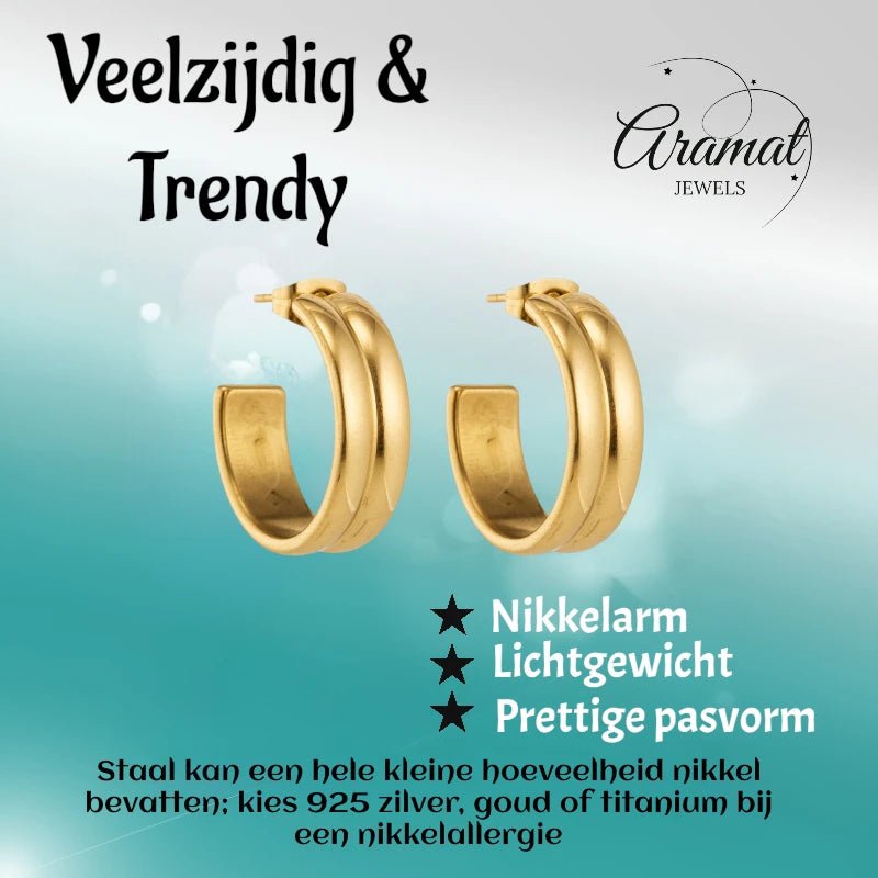Oorbellen – 23mm Half - Hoop 2 Strepen RVS Goudkleur Dames - Aramat Jewels - Oorringen - cadeautip