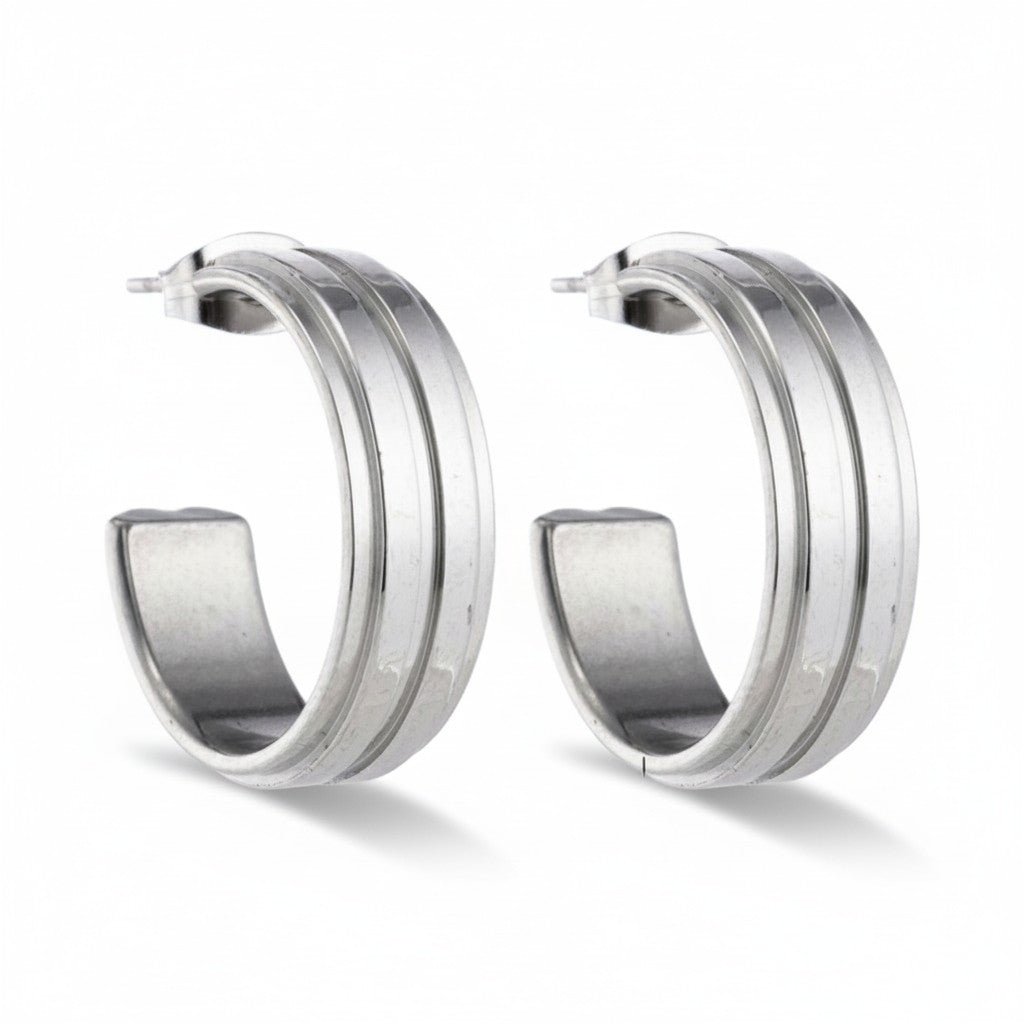 Oorbellen – 23mm Half - Hoop 2 Strepen RVS Zilverkleur Dames - Aramat Jewels - Oorringen - cadeautip