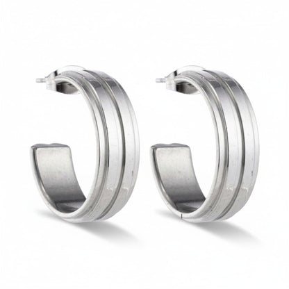 Oorbellen – 23mm Half - Hoop 2 Strepen RVS Zilverkleur Dames - Aramat Jewels - Oorringen - cadeautip