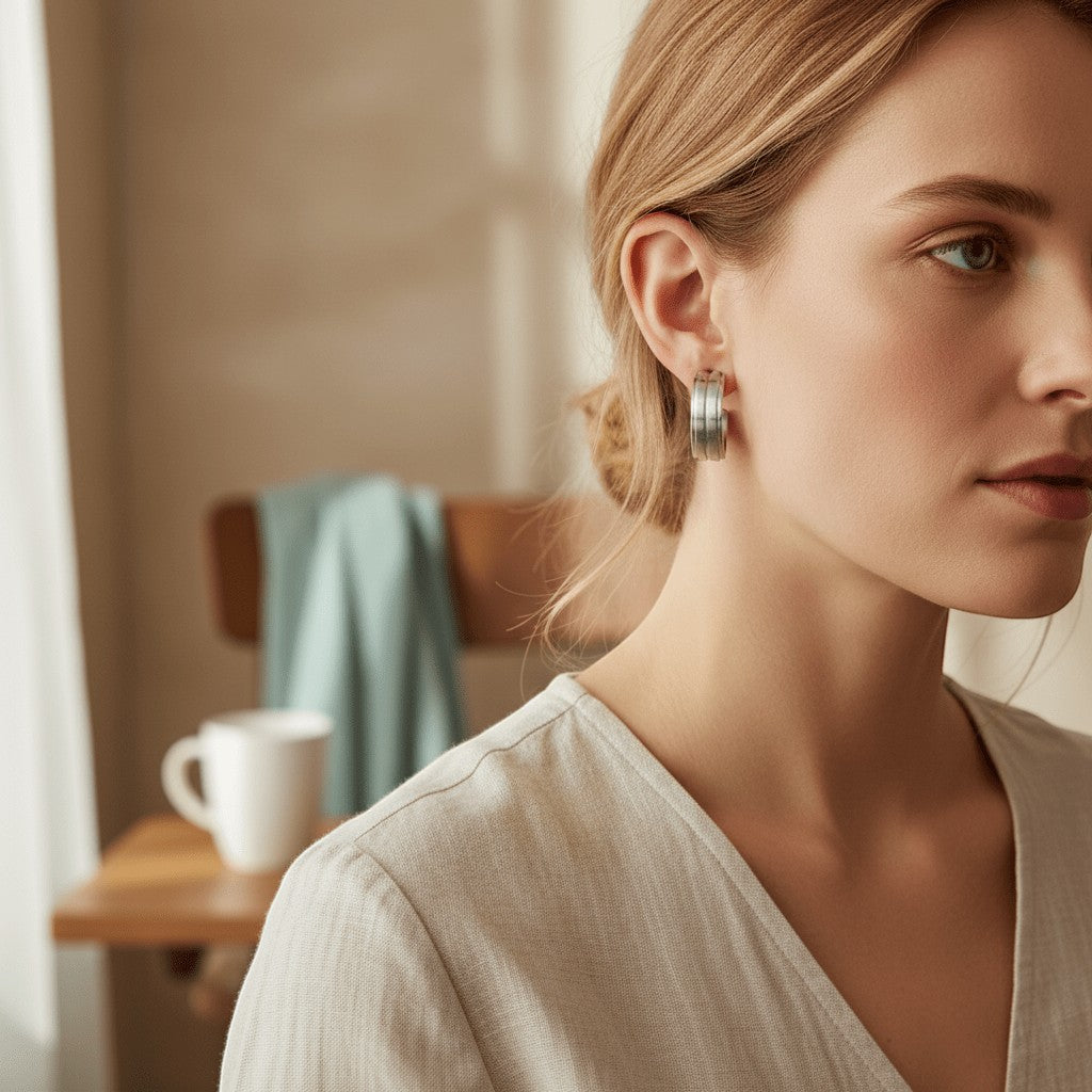 Oorbellen – 23mm Half - Hoop 2 Strepen RVS Zilverkleur Dames - Aramat Jewels - Oorringen - cadeautip