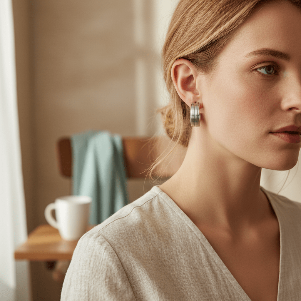 Oorbellen – 23mm Half - Hoop 2 Strepen RVS Zilverkleur Dames - Aramat Jewels - Oorringen - cadeautip