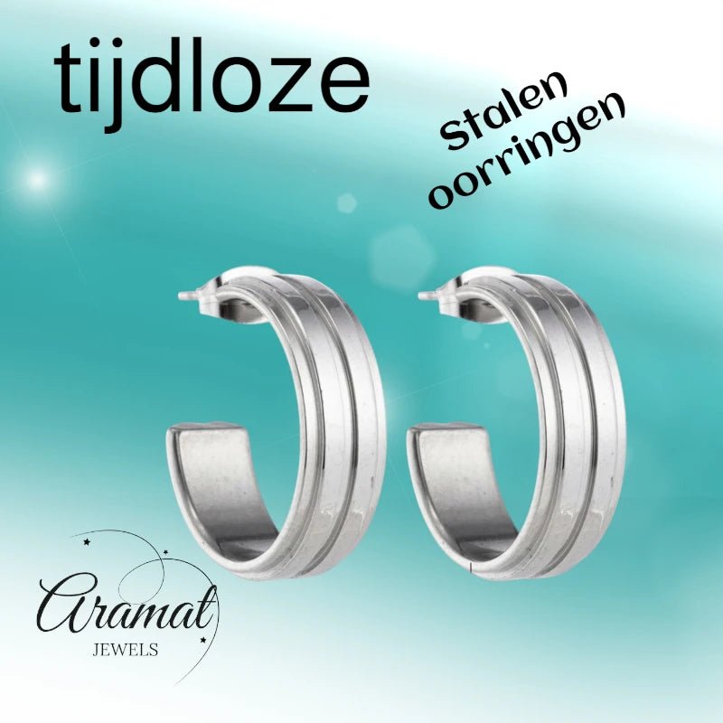 Oorbellen – 23mm Half - Hoop 2 Strepen RVS Zilverkleur Dames - Aramat Jewels - Oorringen - cadeautip