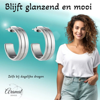 Oorbellen – 23mm Half - Hoop 2 Strepen RVS Zilverkleur Dames - Aramat Jewels - Oorringen - cadeautip