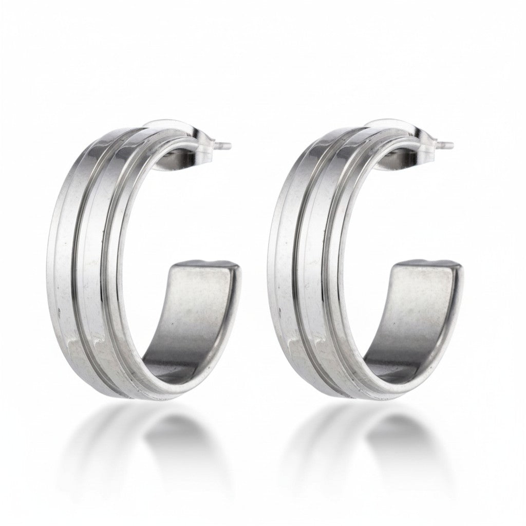 Oorbellen – 23mm Half - Hoop 2 Strepen RVS Zilverkleur Dames - Aramat Jewels - Oorringen - cadeautip