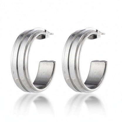 Oorbellen – 23mm Half - Hoop 2 Strepen RVS Zilverkleur Dames - Aramat Jewels - Oorringen - cadeautip