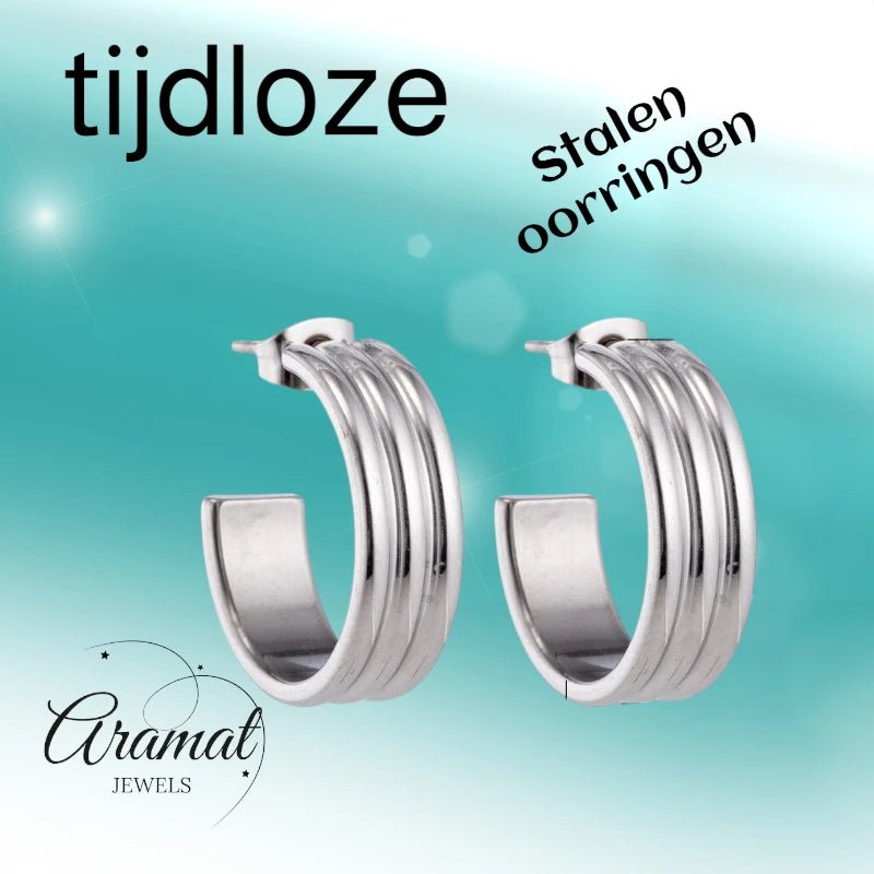 Oorbellen – 23mm Half - Hoop Streeprelief op RVS Zilverkleur - Aramat Jewels - Oorringen - cadeautip