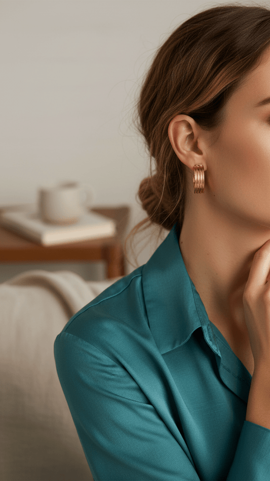 Oorbellen – 23mm Half - Hoop Streeprelief RVS Goudkleur Dames - Aramat Jewels - Oorringen - cadeautip