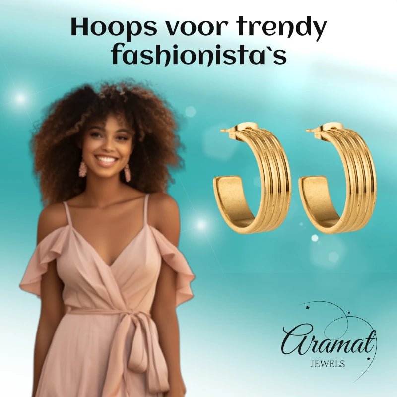 Oorbellen – 23mm Half - Hoop Streeprelief RVS Goudkleur Dames - Aramat Jewels - Oorringen - cadeautip