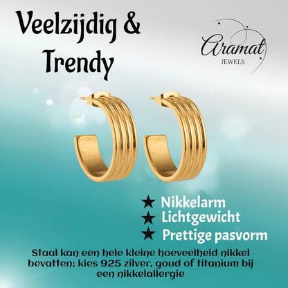 Oorbellen – 23mm Half - Hoop Streeprelief RVS Goudkleur Dames - Aramat Jewels - Oorringen - cadeautip
