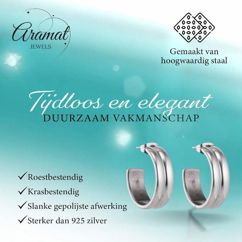 Oorbellen – 23mm Hoepel Creool 2 Lijnen RVS Zilverkleur Unisex - Aramat Jewels - Oorringen - cadeautip
