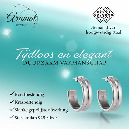 Oorbellen – 23mm Hoepel Creool 2 Lijnen RVS Zilverkleur Unisex - Aramat Jewels - Oorringen - cadeautip
