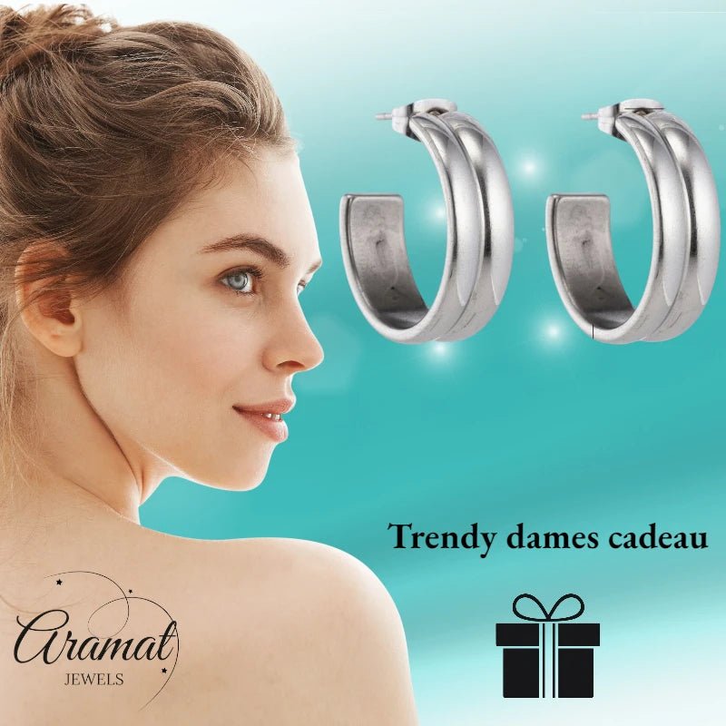 Oorbellen – 23mm Hoepel Creool 2 Lijnen RVS Zilverkleur Unisex - Aramat Jewels - Oorringen - cadeautip