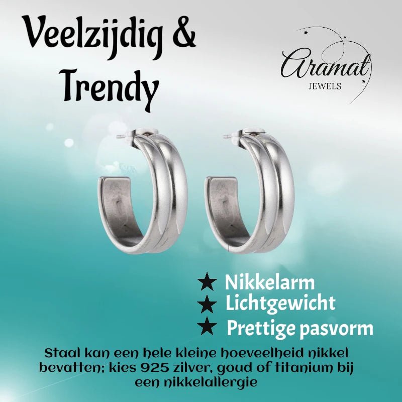 Oorbellen – 23mm Hoepel Creool 2 Lijnen RVS Zilverkleur Unisex - Aramat Jewels - Oorringen - cadeautip