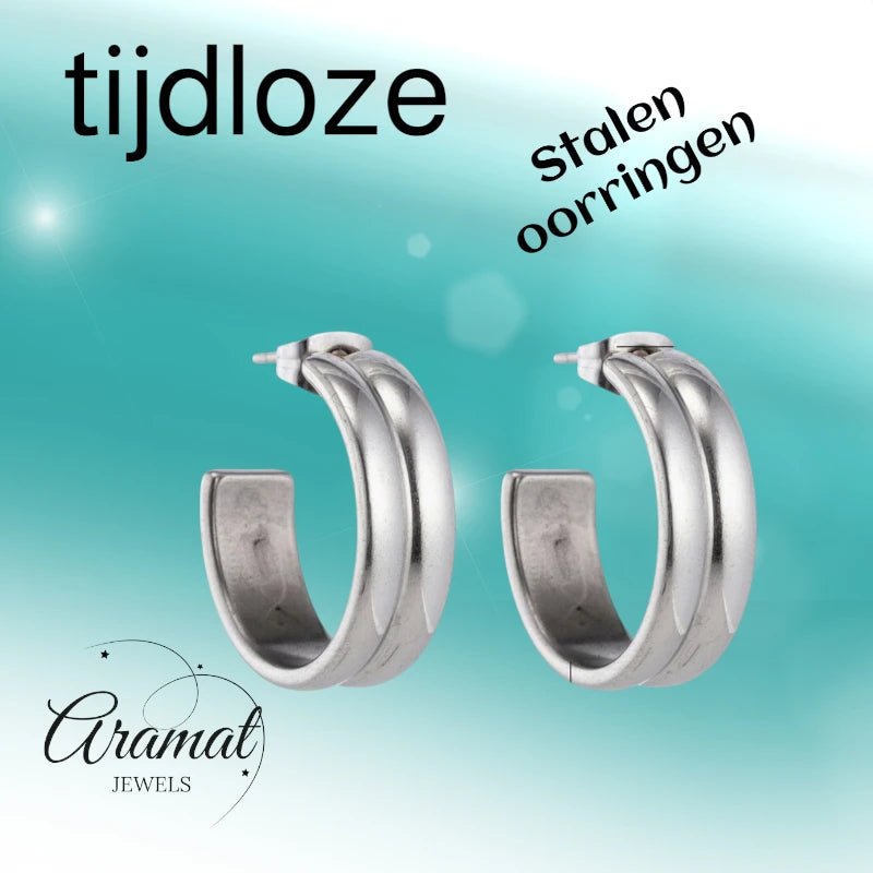 Oorbellen – 23mm Hoepel Creool 2 Lijnen RVS Zilverkleur Unisex - Aramat Jewels - Oorringen - cadeautip