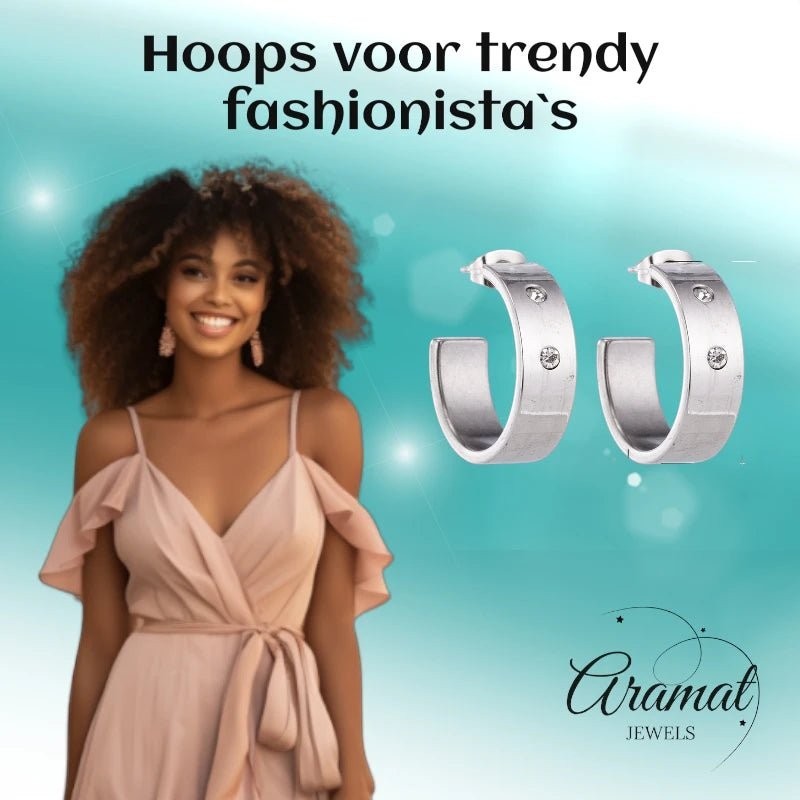 Oorbellen – 23mm Hoepel Creool 2 Zirkonia RVS Zilverkleur Unisex - Aramat Jewels - Oorringen - cadeautip