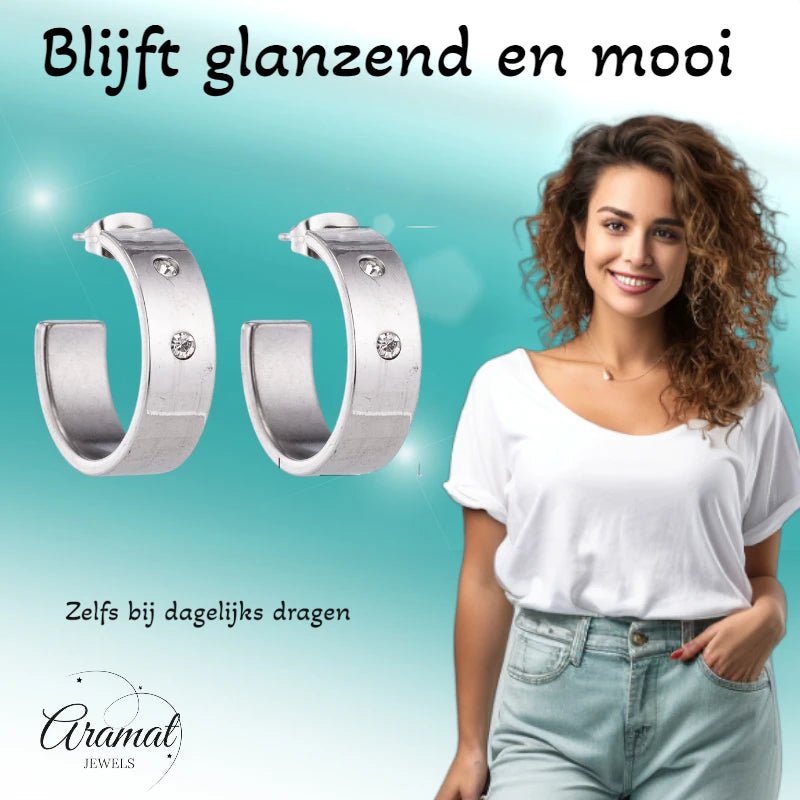 Oorbellen – 23mm Hoepel Creool 2 Zirkonia RVS Zilverkleur Unisex - Aramat Jewels - Oorringen - cadeautip