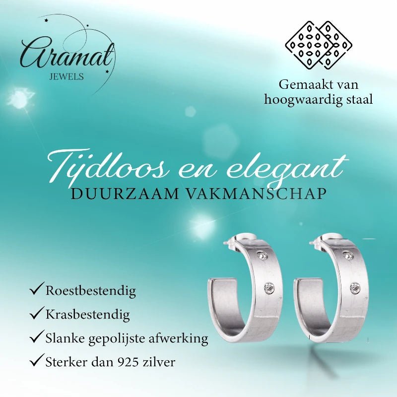 Oorbellen – 23mm Hoepel Creool 2 Zirkonia RVS Zilverkleur Unisex - Aramat Jewels - Oorringen - cadeautip