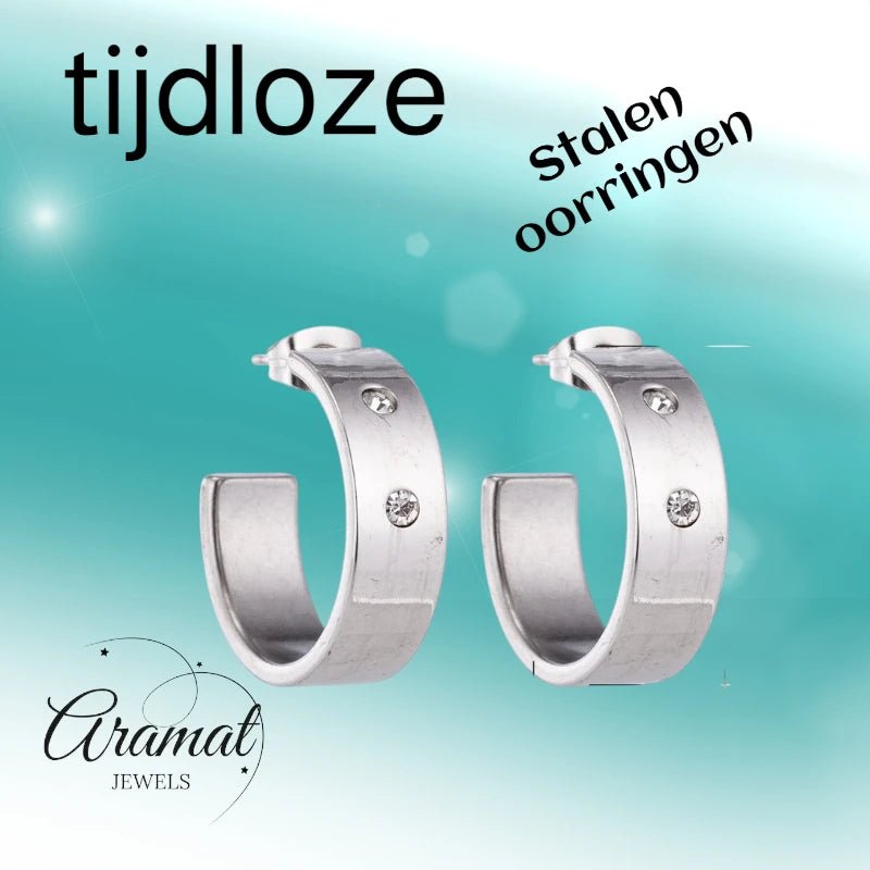 Oorbellen – 23mm Hoepel Creool 2 Zirkonia RVS Zilverkleur Unisex - Aramat Jewels - Oorringen - cadeautip