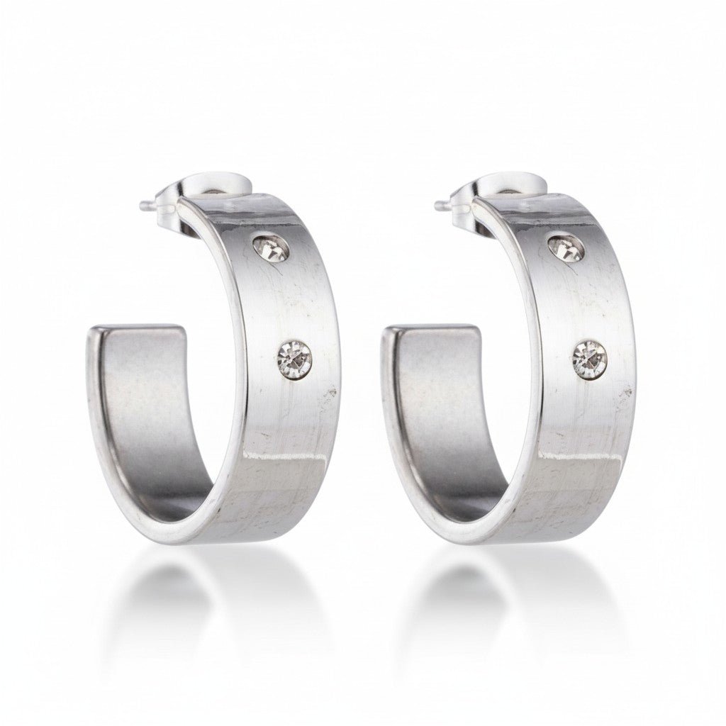 Oorbellen – 23mm Hoepel Creool 2 Zirkonia RVS Zilverkleur Unisex - Aramat Jewels - Oorringen - cadeautip
